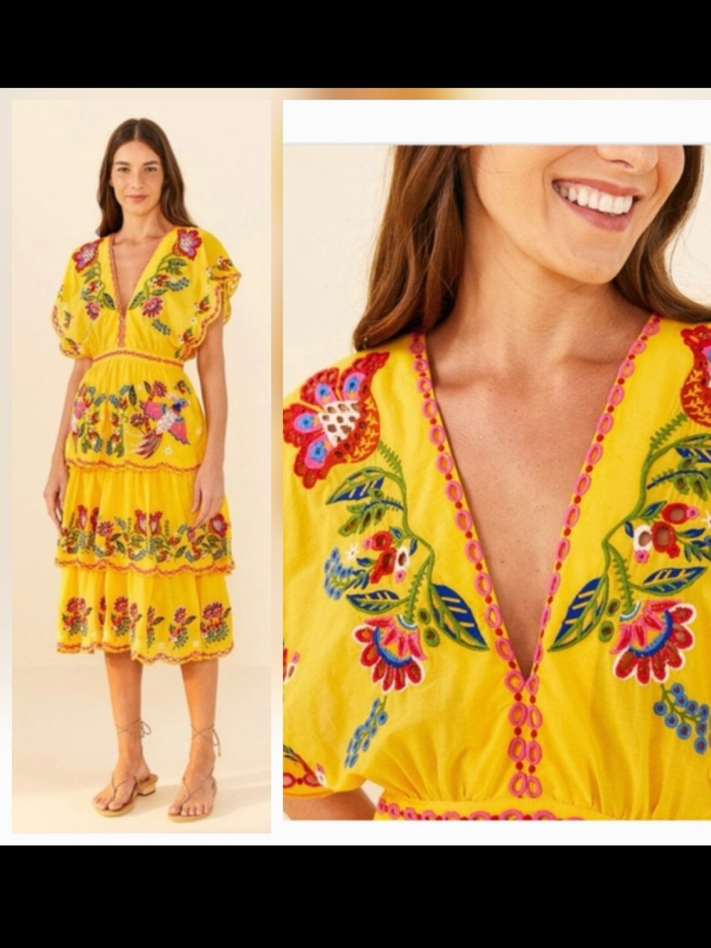 NWT Farm Rio Yellow Embroidered Richilier Midi Dress XS